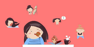 garota desenhada comendo, fazendo exercícios, perdendo peso